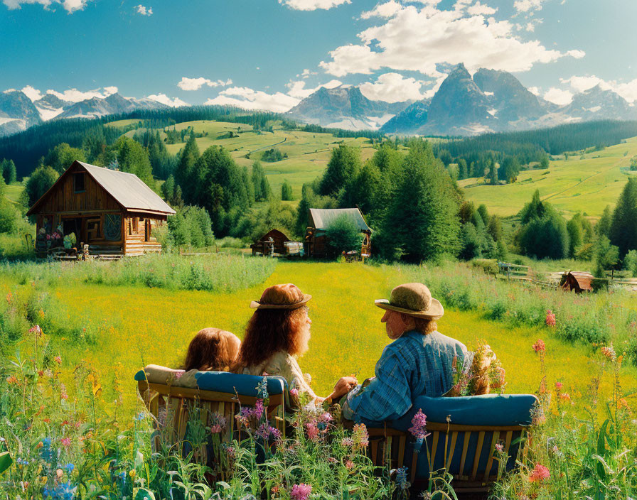 Three People Sitting in Meadow Facing Majestic Mountains and Wooden Cabins