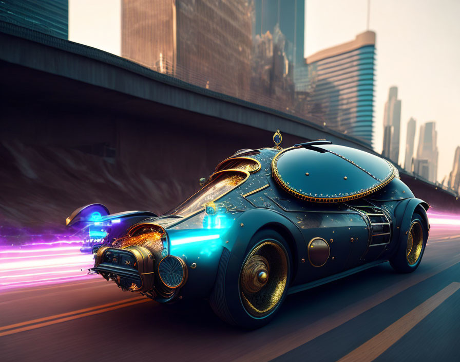 Futuristic blue and gold car with neon underglow in modern cityscape