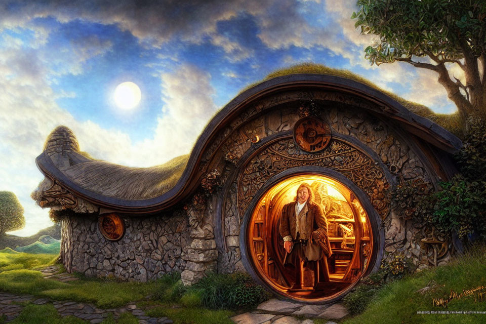 Hobbit-like character in circular doorway of earth-sheltered house