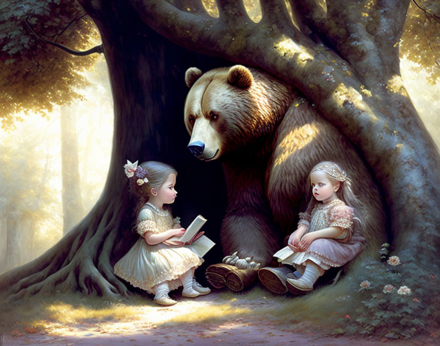 Vintage dresses: Two girls reading with a bear in enchanted forest