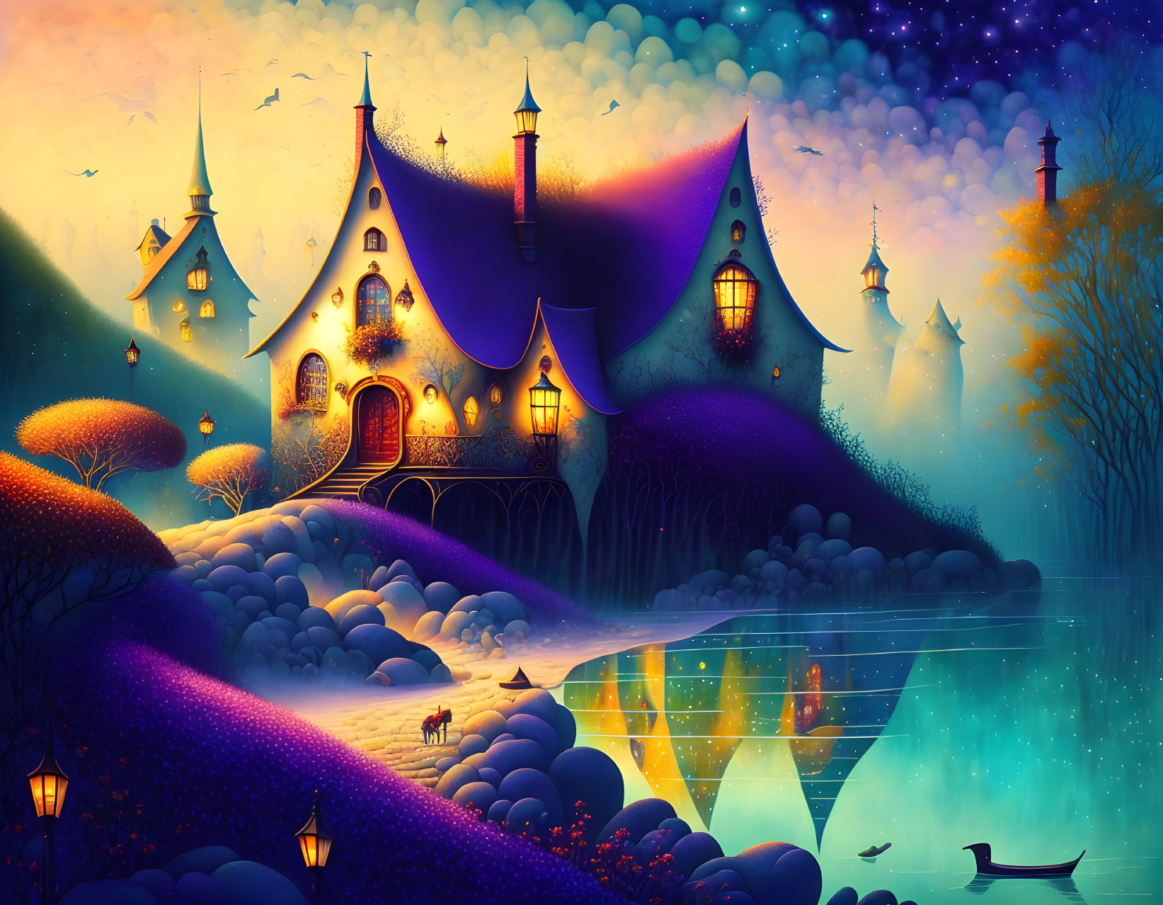 Whimsical fairytale castle in vibrant nighttime landscape