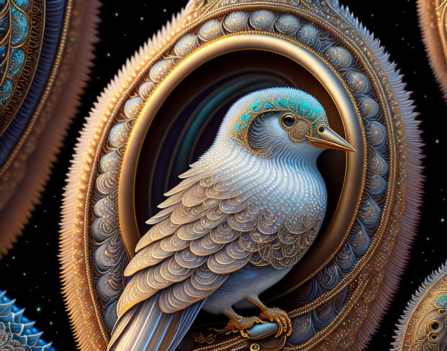 Detailed ornate bird digital artwork with intricate feather patterns in abstract circular frames on dark background