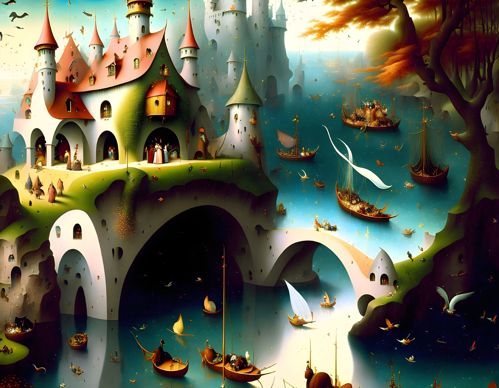 Whimsical castle on arch in vibrant fantasy landscape