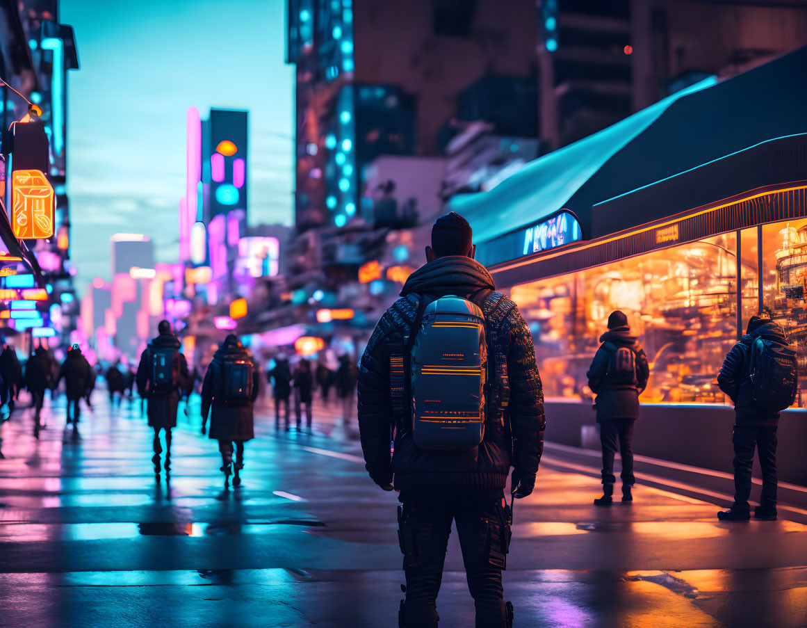 Urban street scene at twilight with person and neon lights