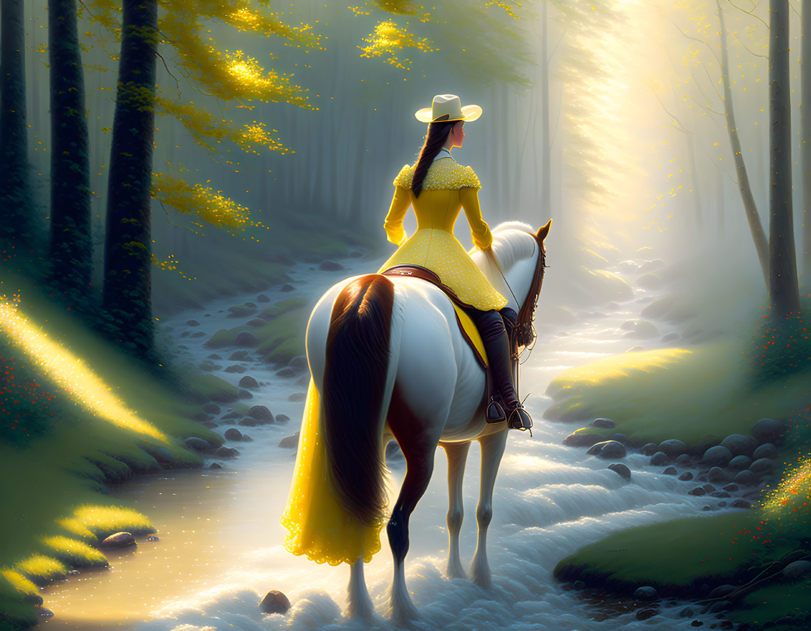 Person in yellow dress and white hat rides horse in misty forest with golden leaves.