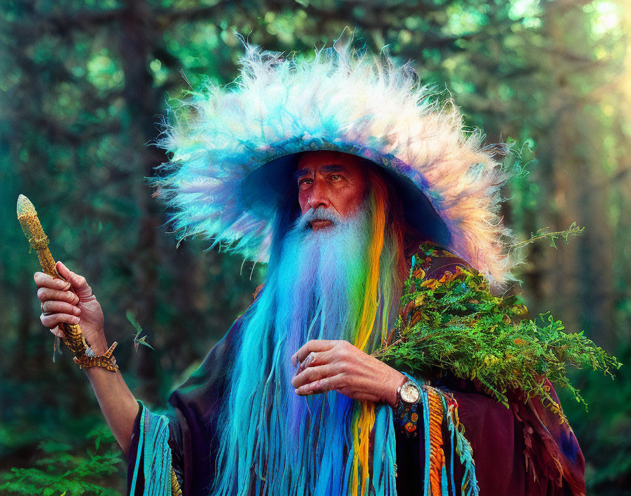 Colorful bearded wizard with staff in forest