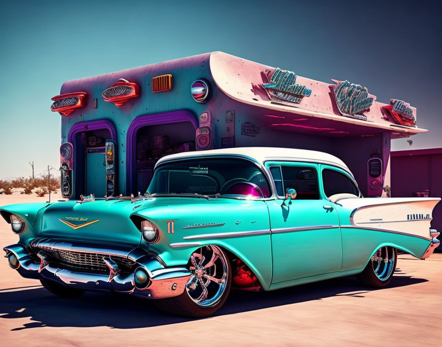 Vintage Teal Chevrolet with Chrome Details Parked at Retro Diner