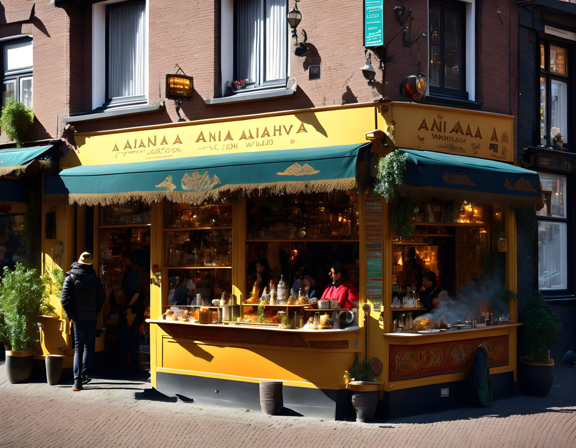 Bright Yellow Awning Street-Side Restaurant with Outdoor Seating