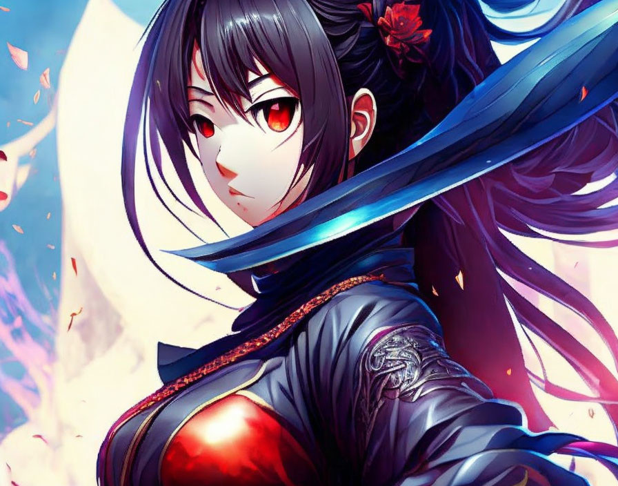 Anime-style character with red eyes, long black hair, red flower, and dark traditional armor.