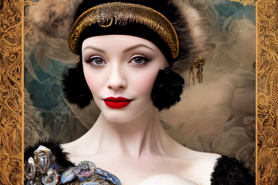 Vintage Attire Woman with Fur Hat and Red Lipstick in Ornate Setting