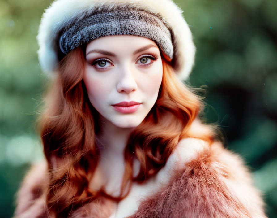 Red-haired woman in fur headband and shawl, green eyes, soft gaze