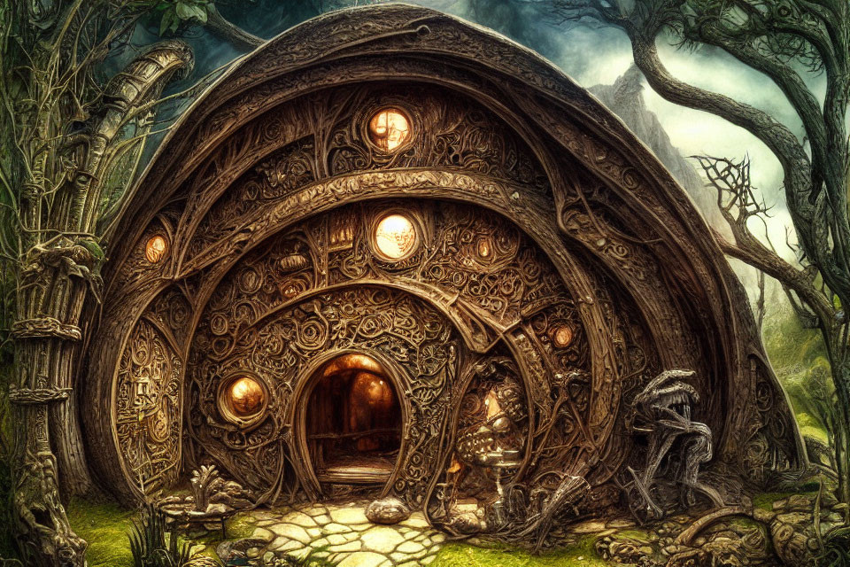 Round-Door Hobbit-Style House in Lush Green Landscape with Carvings and Glowing