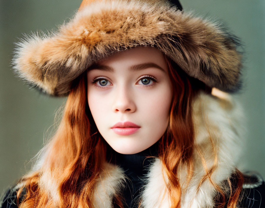 Red-haired woman in fur hat with thoughtful expression