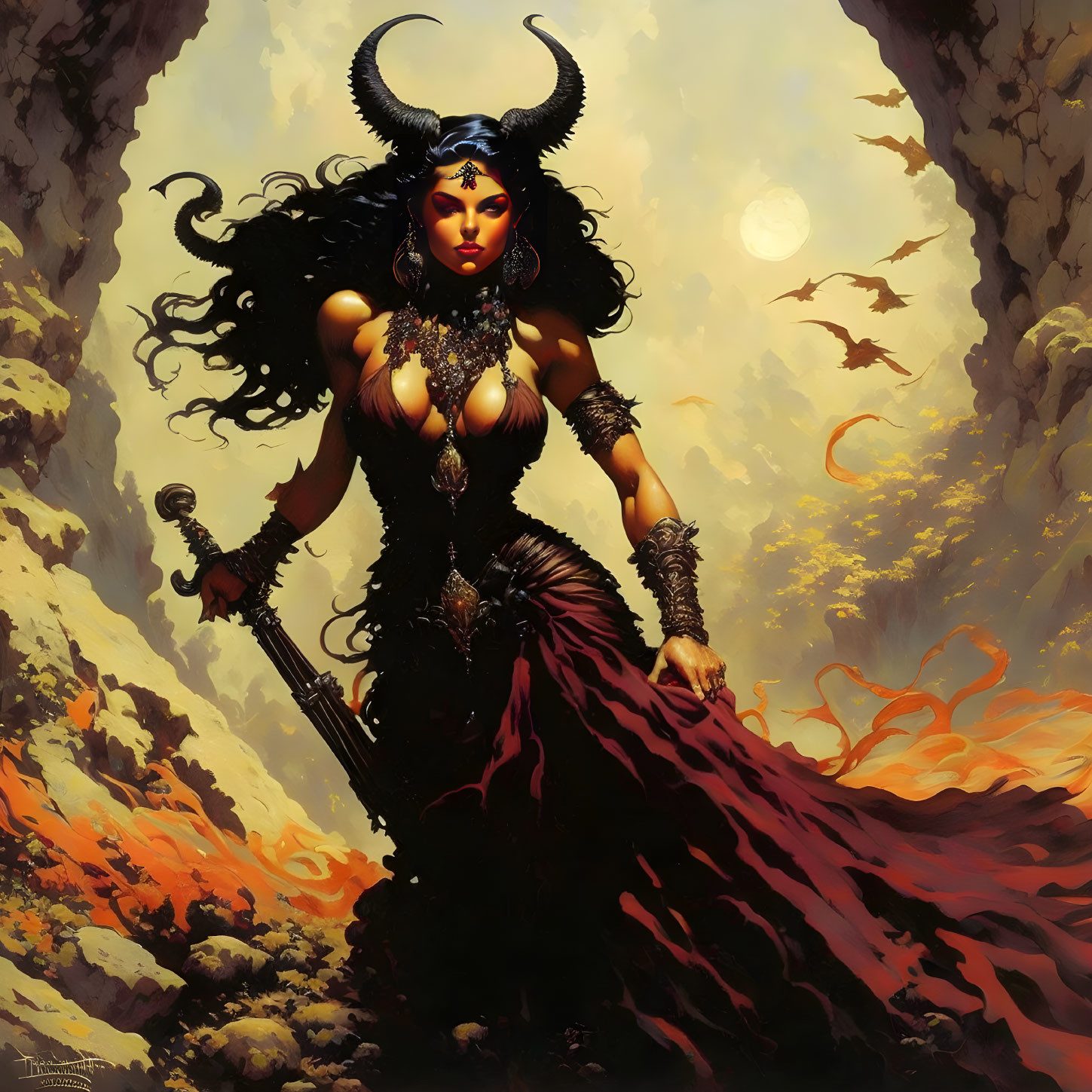 Fantasy illustration of woman with demonic horns, ornate dress, staff in rocky landscape.