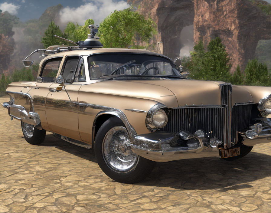 Vintage gold car with chrome details on cobblestone, surrounded by trees.