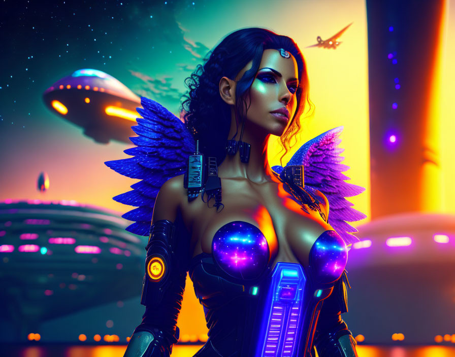 Sci-fi female figure with mechanical wings in futuristic cityscape