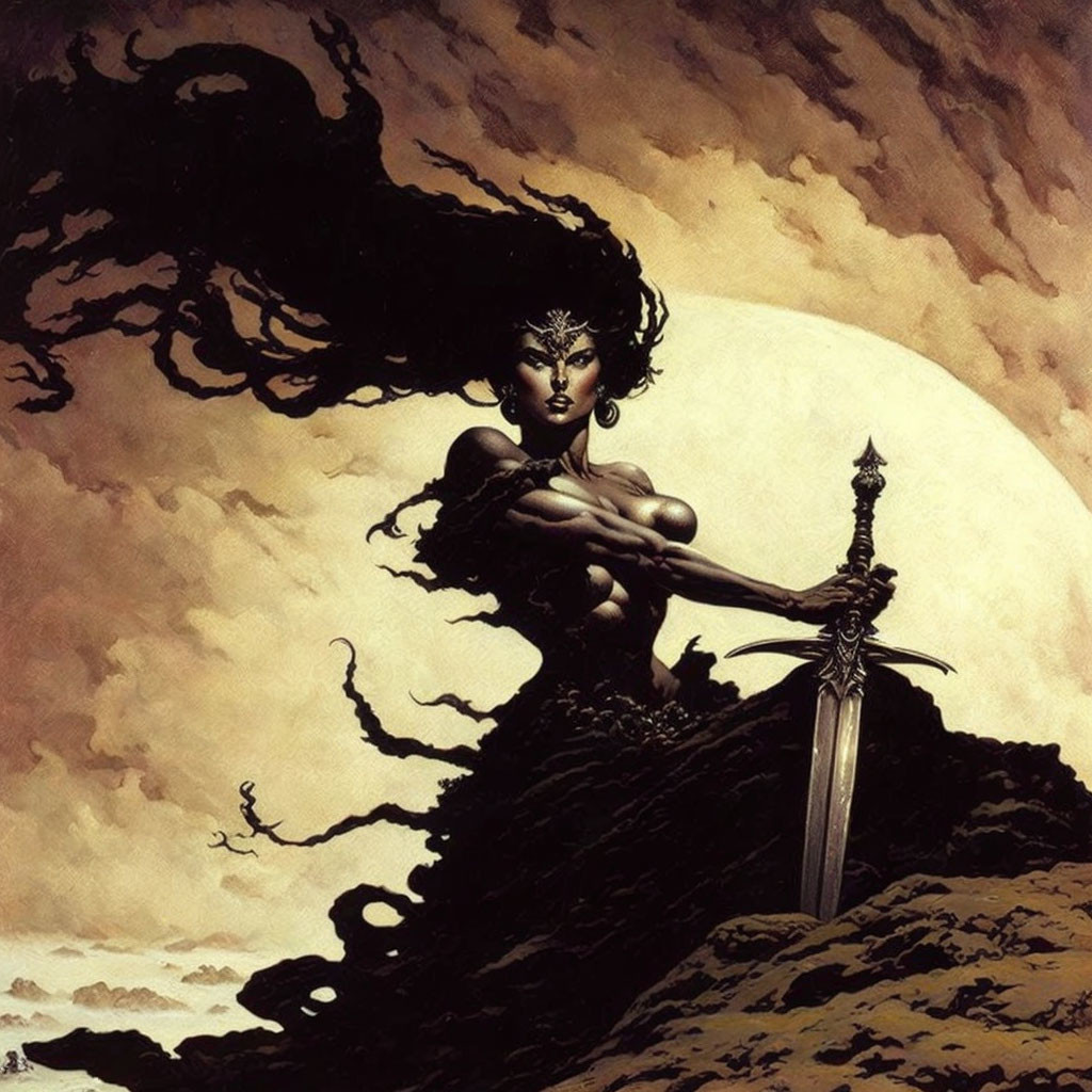 Fantasy warrior woman with dark hair, headdress, sword, moon backdrop.