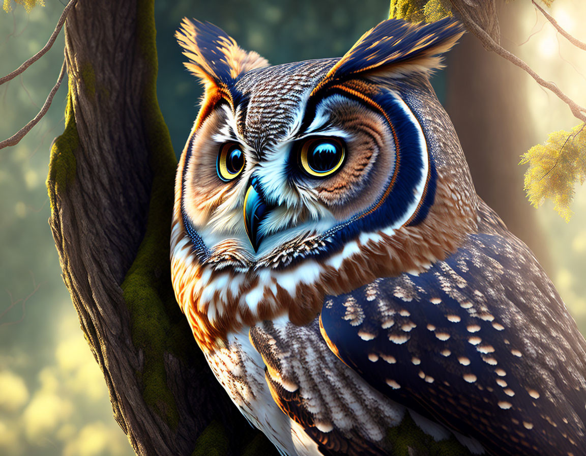 Detailed Great Horned Owl perched on tree branch in sunlight