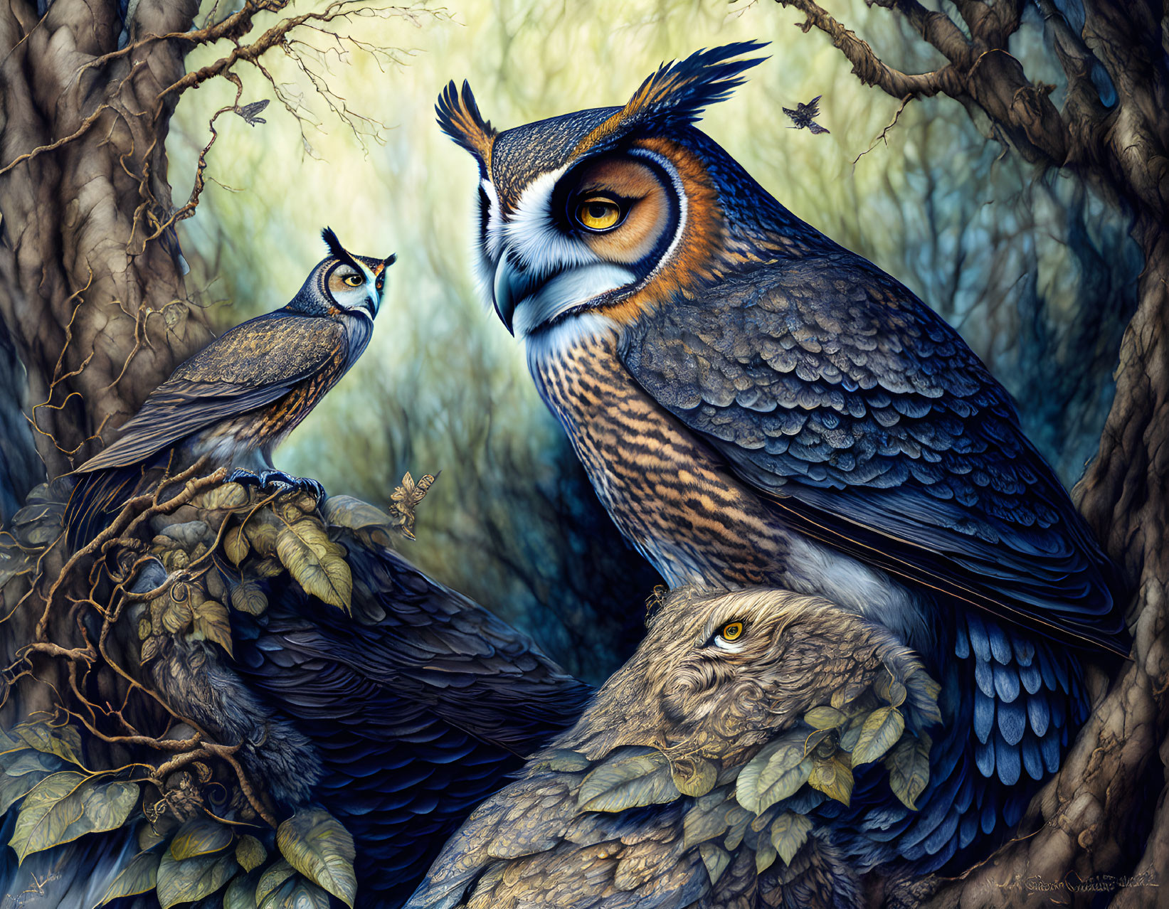 Detailed Owls Perched Among Branches and Leaves with Intense Gazes