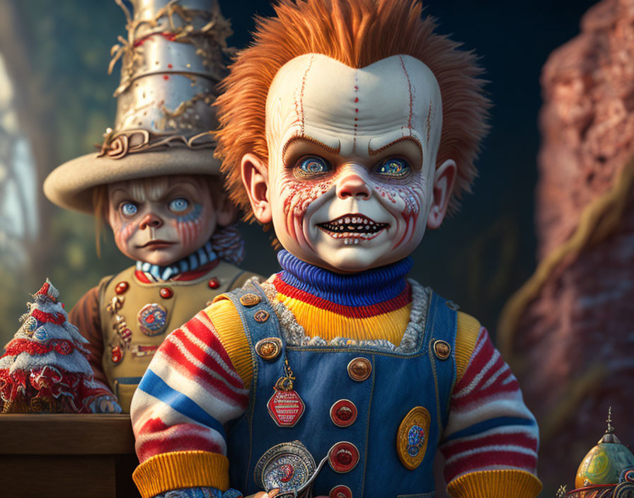 Sinister Clown Dolls in Dark Whimsical Setting