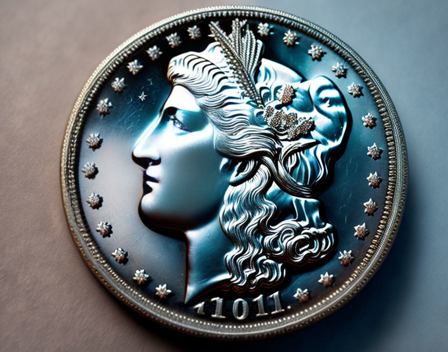 Silver Coin with Woman Profile, Tiara, Stars, and "11011" Year