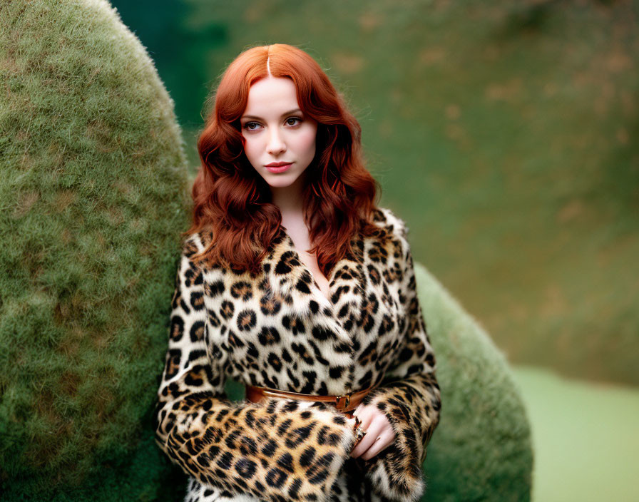 Red-Haired Woman in Leopard Print Coat Standing by Greenery