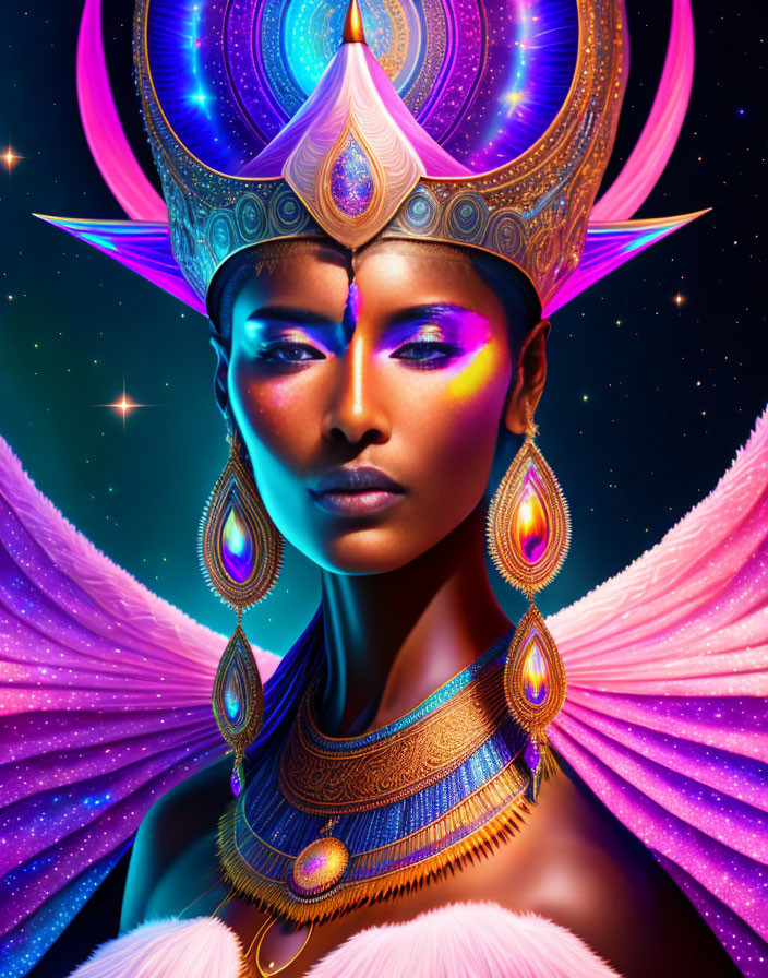 Digital artwork: Woman with striking makeup and ornate headdress in cosmic setting.