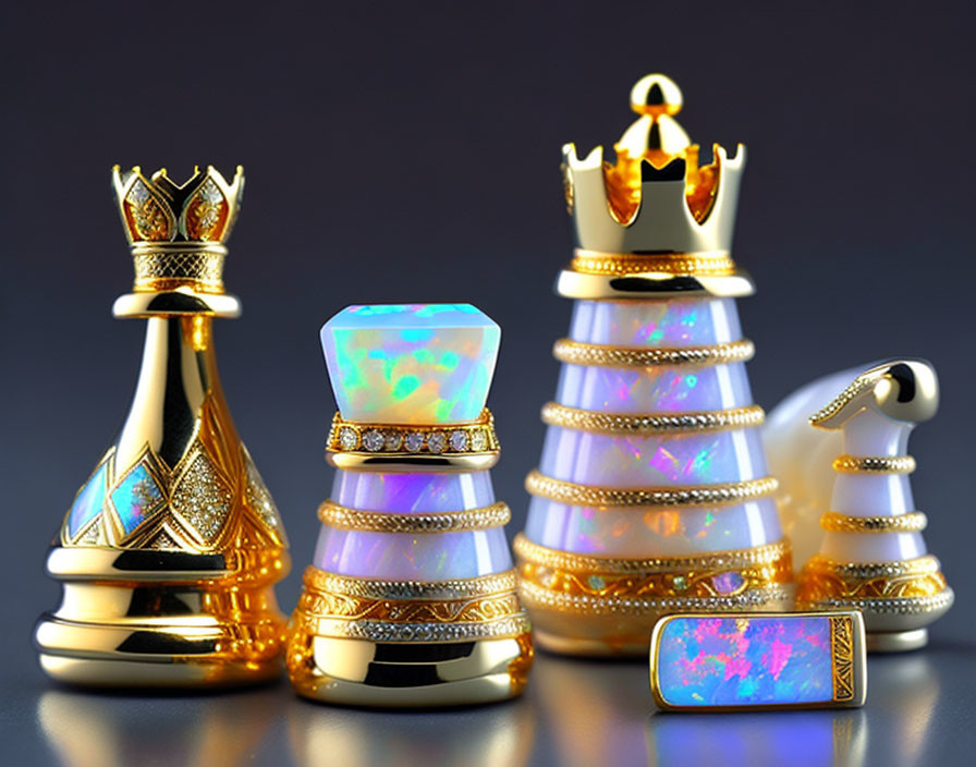 Golden chess pieces with jewels on dark background - royal theme