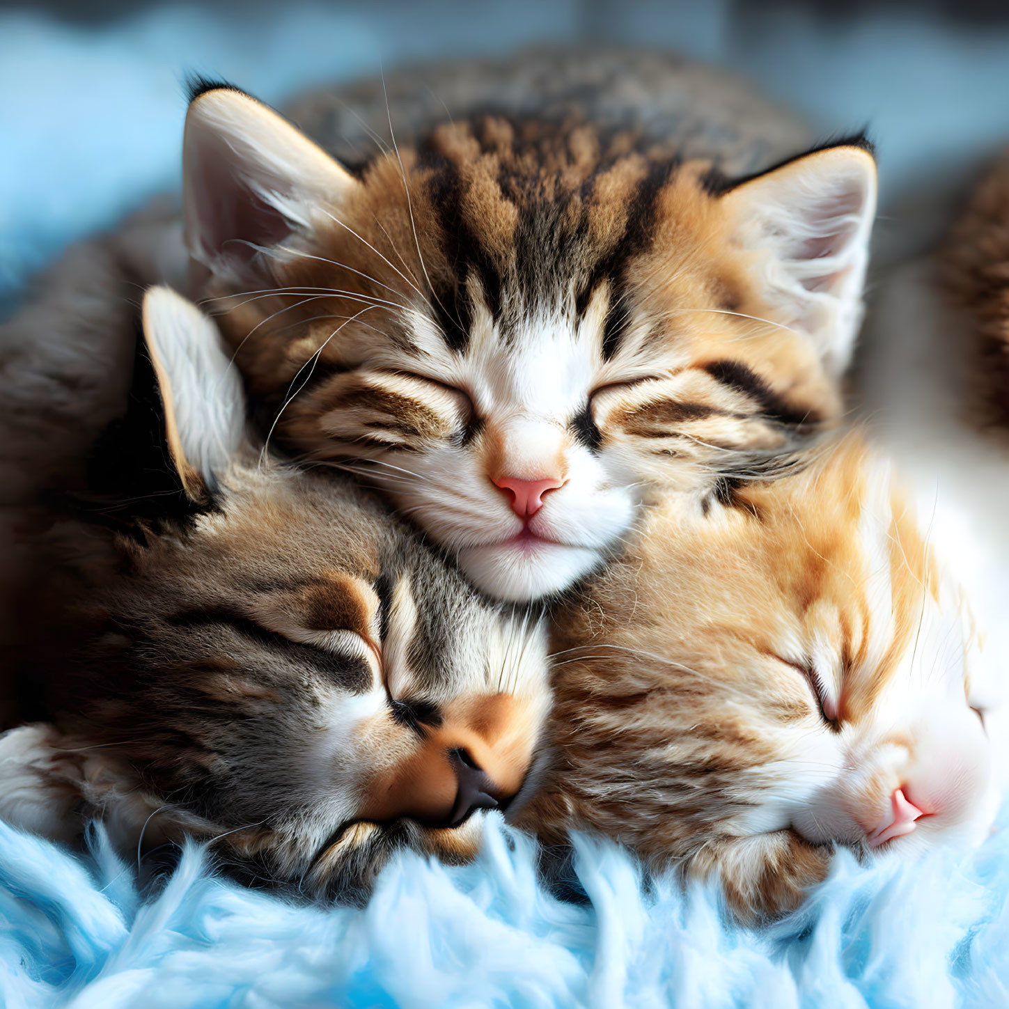 Three cute kittens sleeping on blue blanket