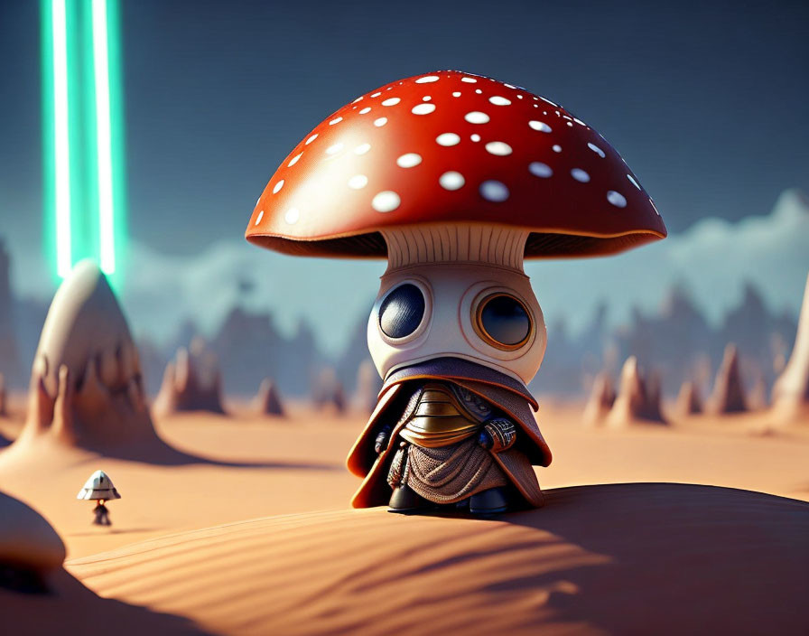 Whimsical mushroom character in sci-fi warrior attire with glowing lights