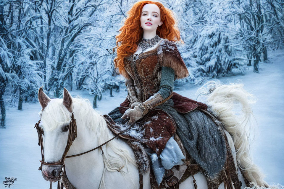 Red-haired woman on white horse in snowy forest with medieval attire