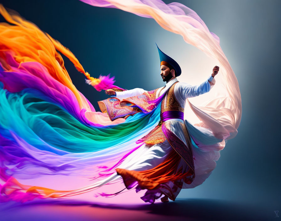 Traditional Sikh attire man dances with colorful fabric trails