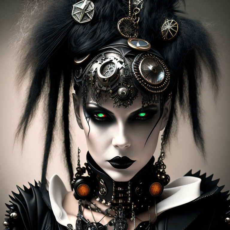 Woman with Steampunk-Style Makeup and Headgear with Mechanical Gears and Gothic Jewelry