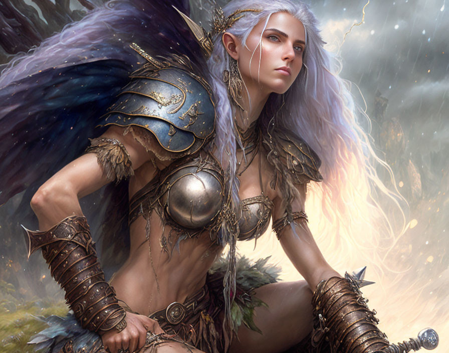 Silver-haired fantasy warrior in ornate armor surrounded by mystical stars and swirling mist.