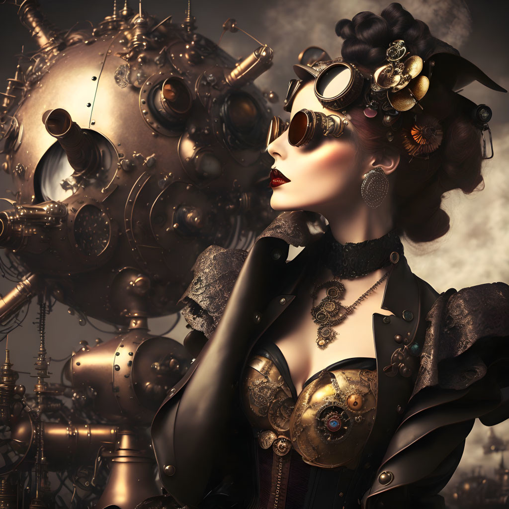 Steampunk-themed woman with goggles and gears background.