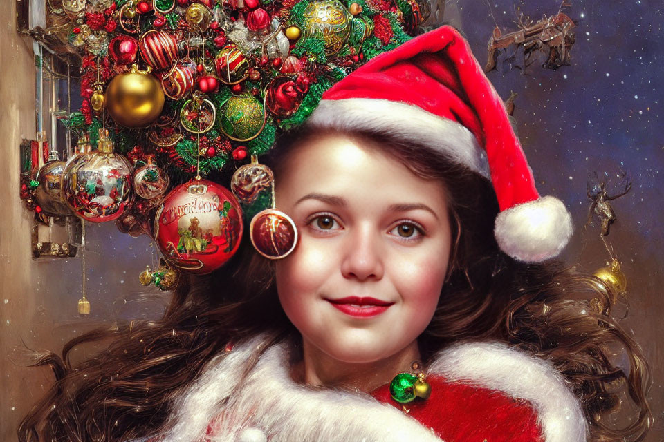 Young Woman in Santa Hat Surrounded by Christmas Decorations