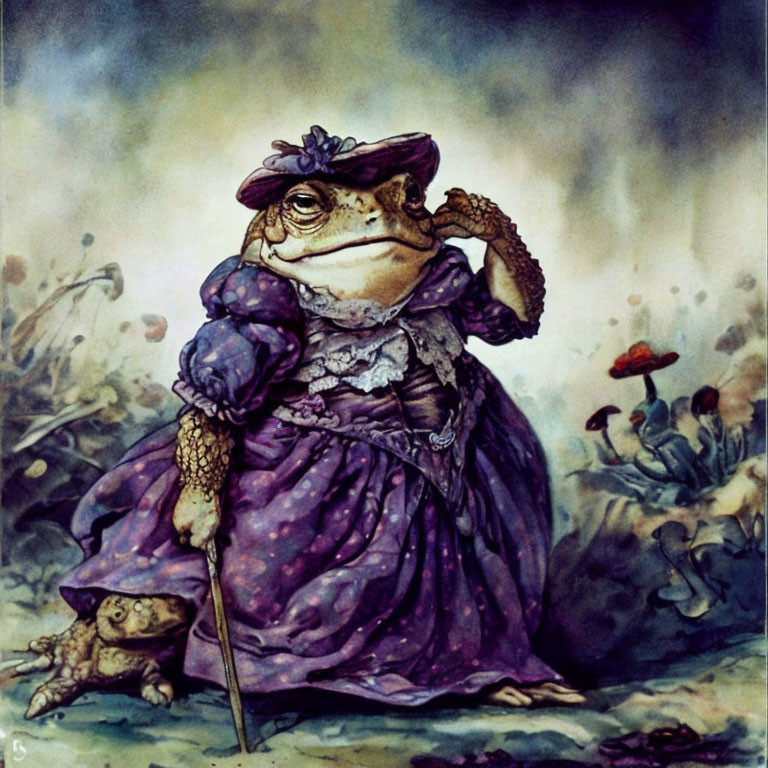 Anthropomorphic toad in purple dress and hat with cane and small toad in nature scene