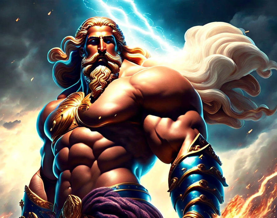 Bearded character in golden armor with long white hair in fiery setting