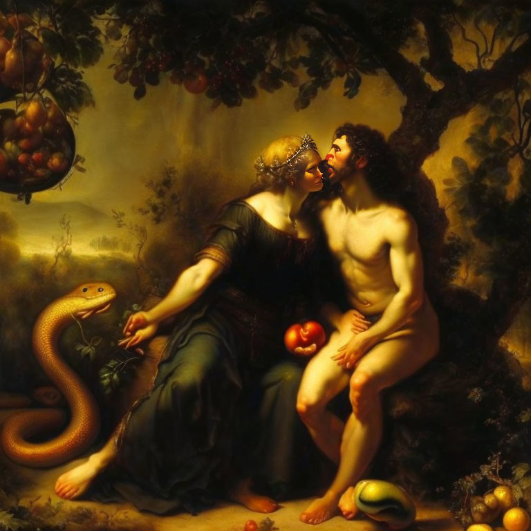 Famous biblical scene: Adam, Eve, serpent, apple