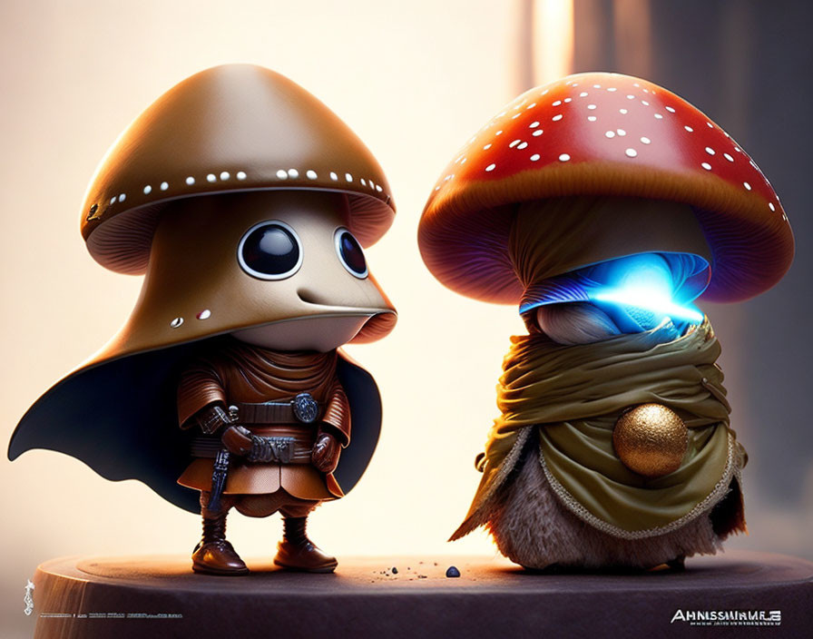 Fantasy-themed stylized animated mushroom characters with cape, armor, and glowing element.