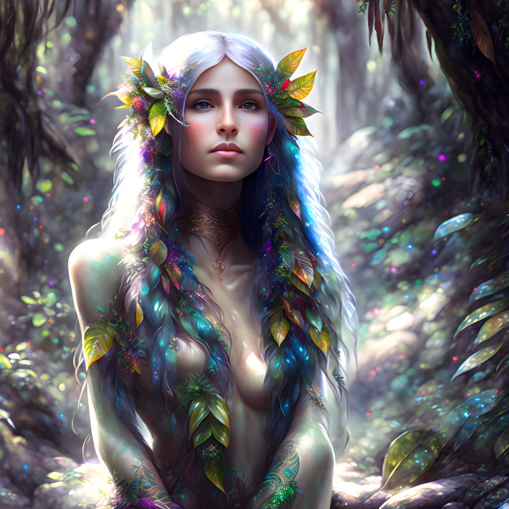 Fantasy digital artwork: Multicolored hair, floral crown, glowing forest scene