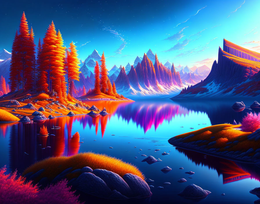 Alien landscape digital art with fiery orange trees, mountains, and blue lake