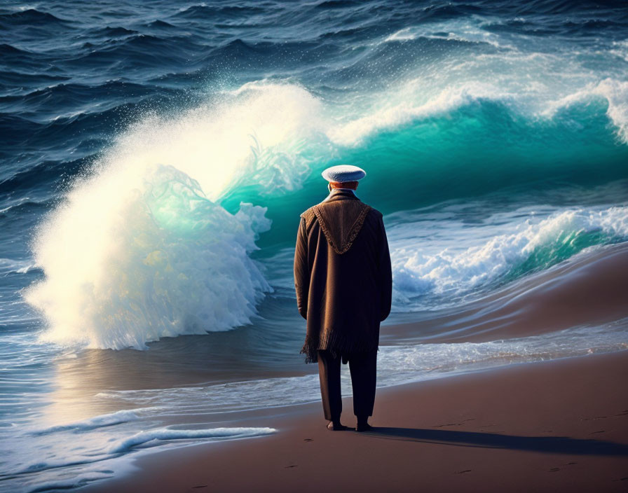 Person in coat and hat watching wave crash on beach