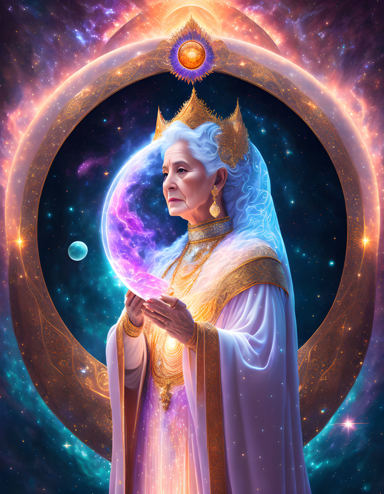 Mystical elder in regal attire with glowing orb in cosmic setting