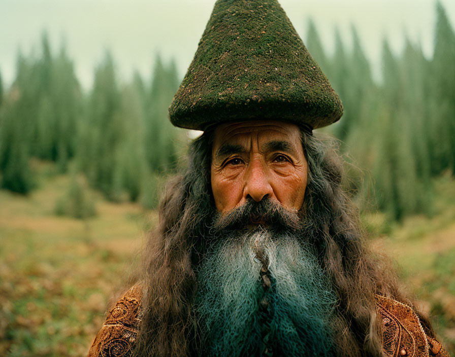 Bearded man in traditional peaked hat against forest backdrop