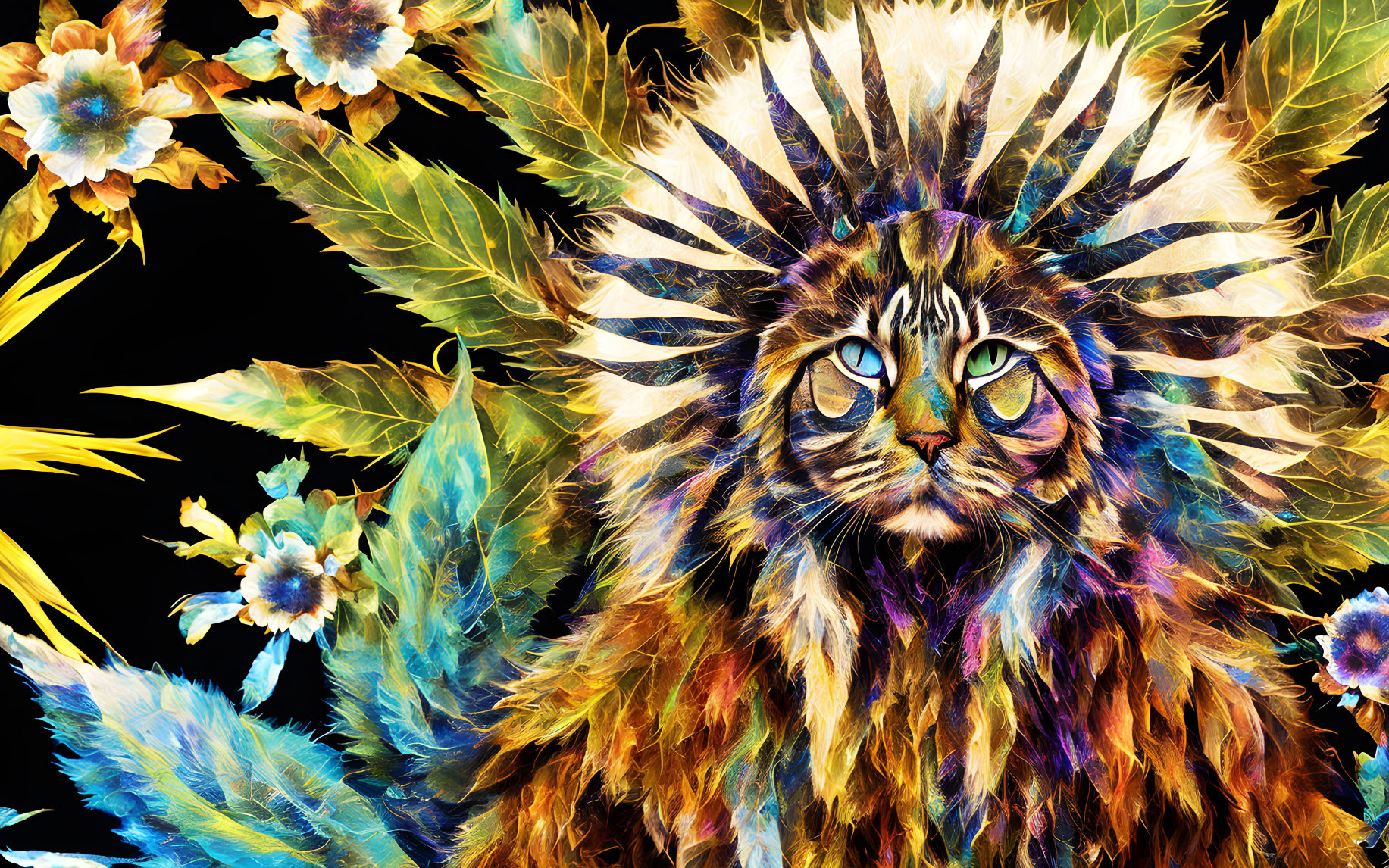 Colorful Cat Artwork with Floral and Feathery Patterns on Black Background