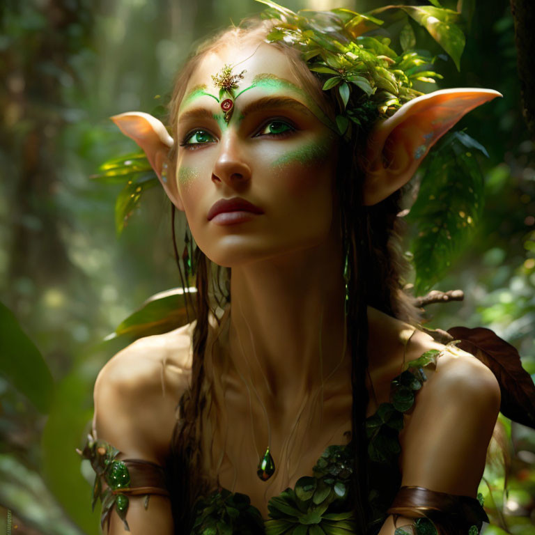 Female forest elf digital artwork with pointed ears and mystical gaze in sunlit setting