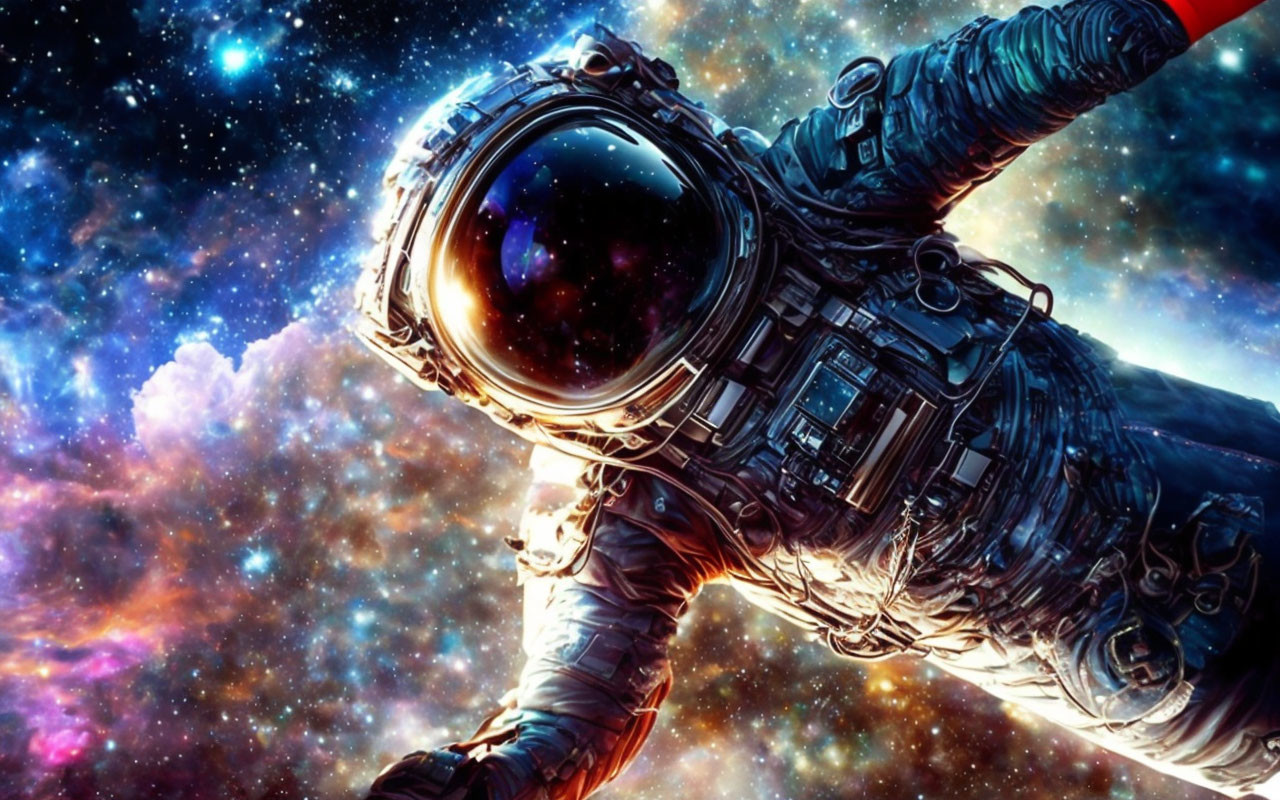 Colorful Astronaut Floating in Space with Nebula and Stars