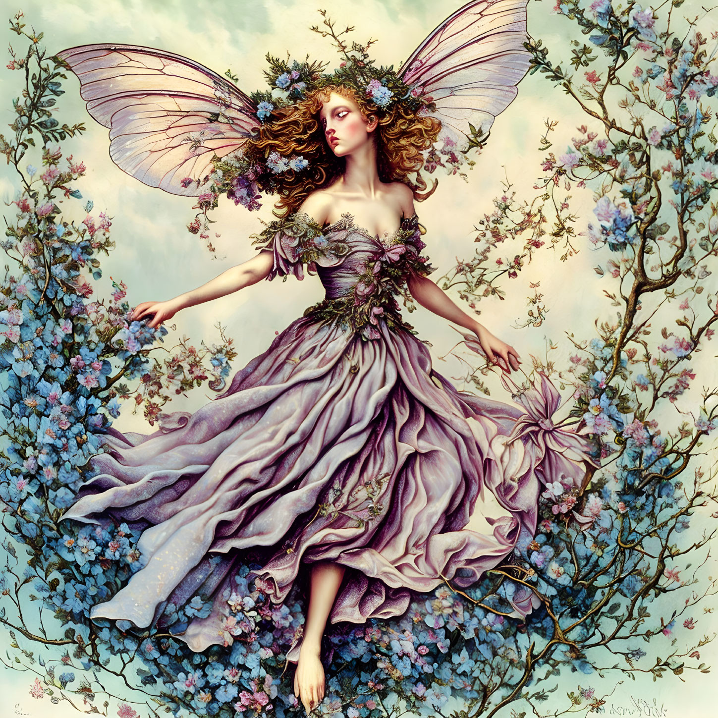 Whimsical fairy with delicate wings in purple dress among blooming branches