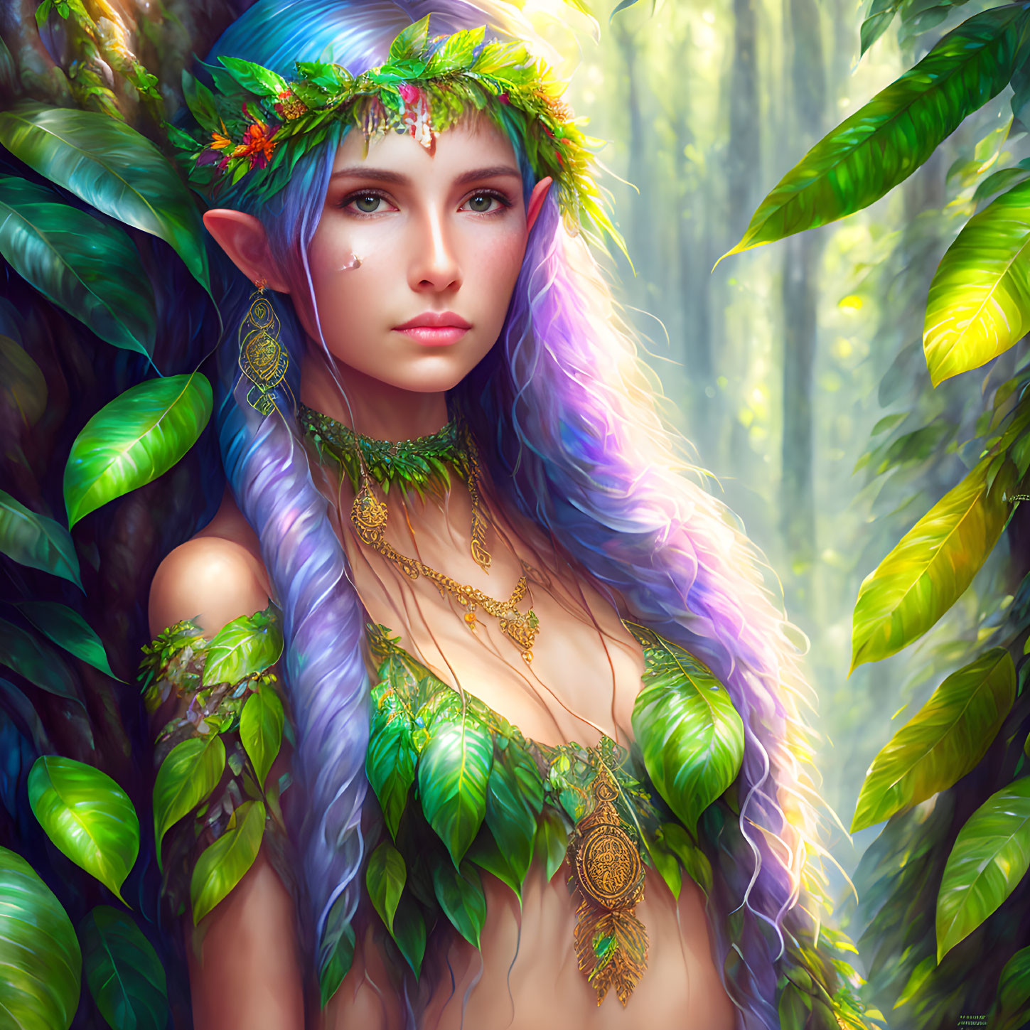 Fantasy elf with violet-blue hair in leafy crown and golden jewelry in vibrant forest.